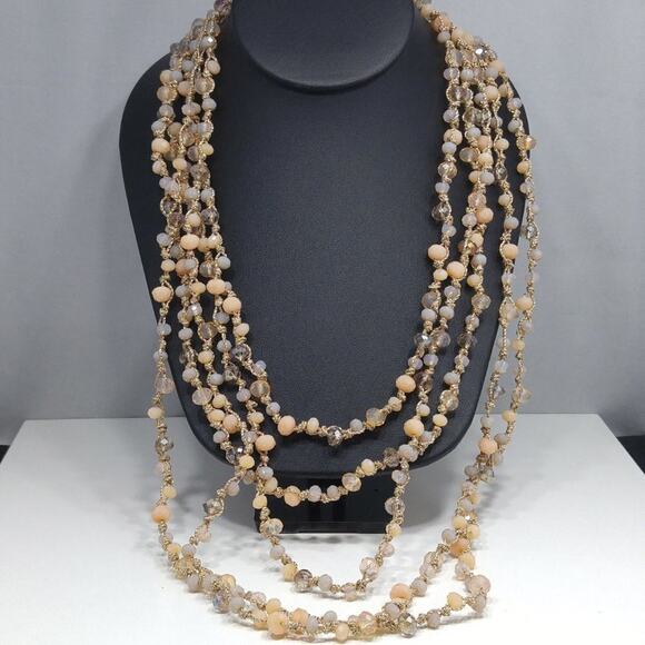 Chico's Peach Opalescence Crystal Bead Gold Thread Necklace, 27 Inches - Picture 3 of 8